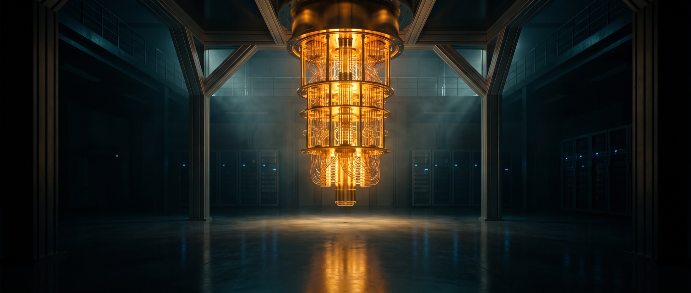 A gold dilution-refrigerator quantum computer glowing in a vast dark research hall